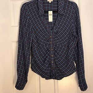 Pilcro Navy and Red Plaid Flannel Shirt